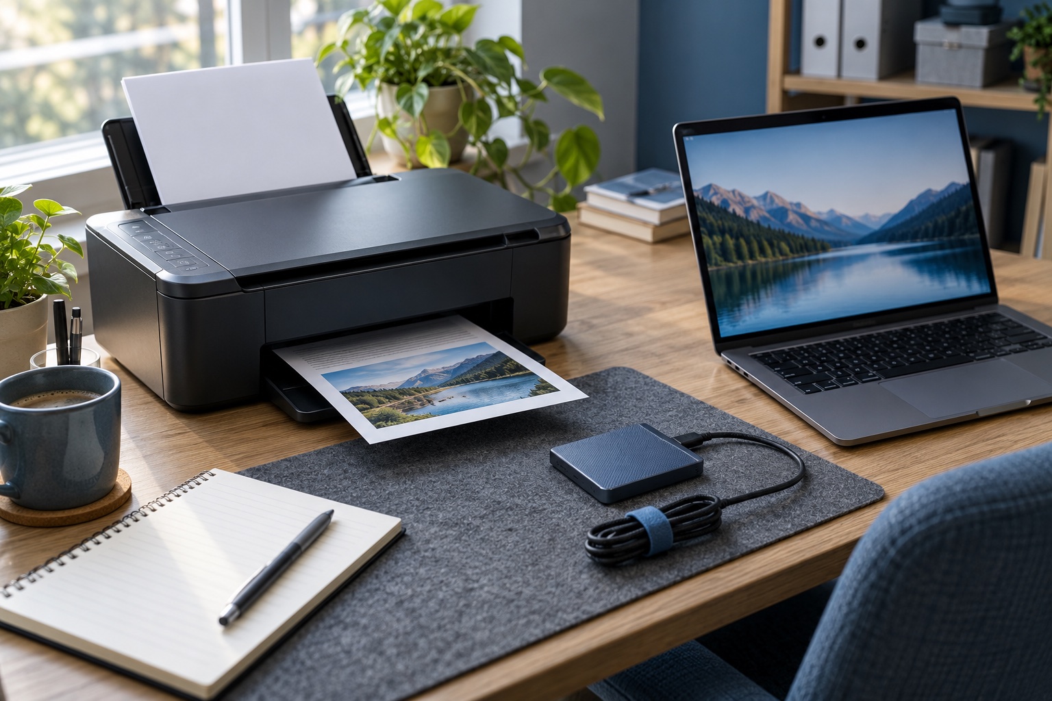 Drucker, Notebook und externe Festplatte an einem privaten Arbeitsplatz