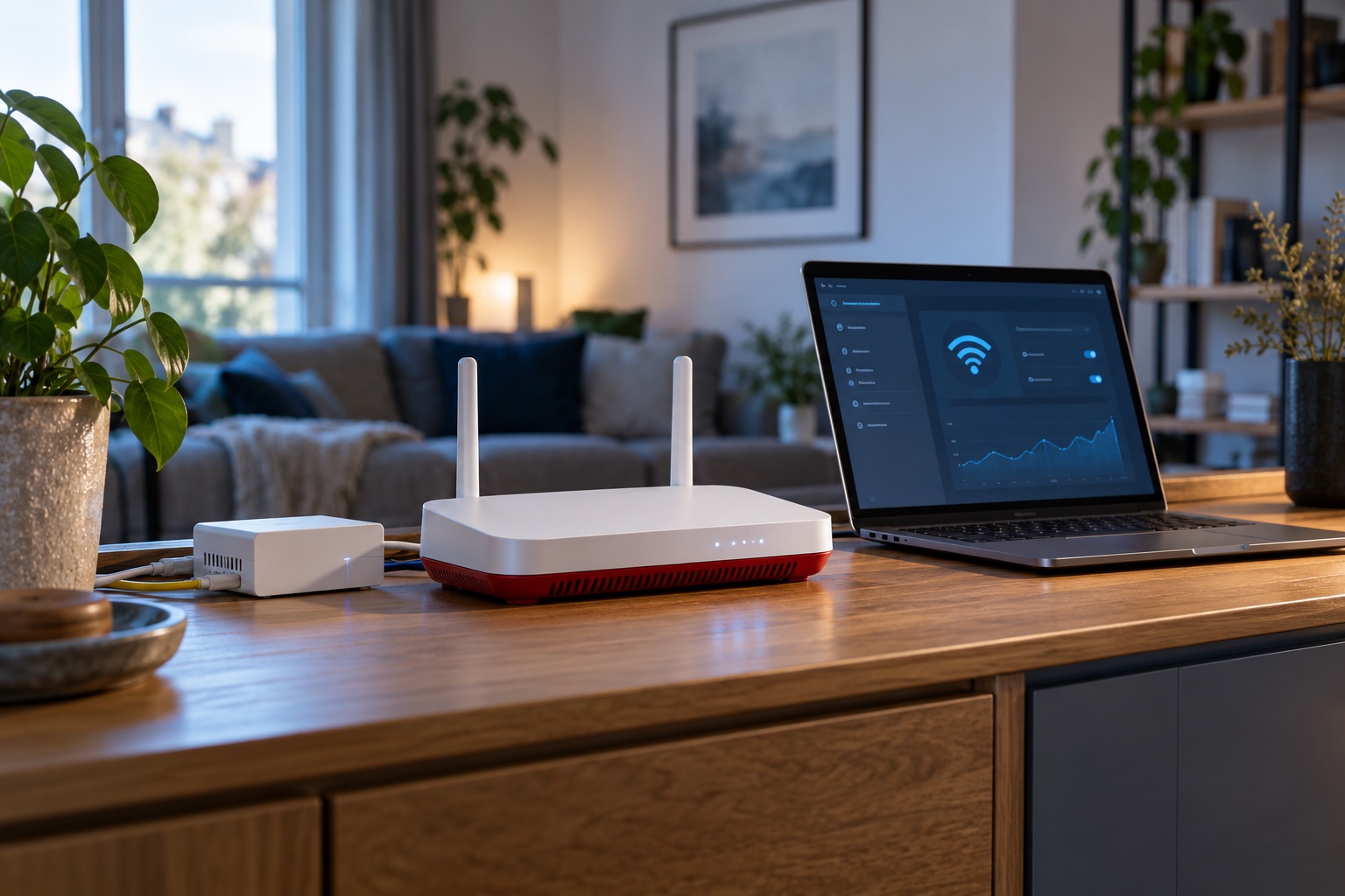 WLAN-Router und Notebook in einem privaten Wohnraum